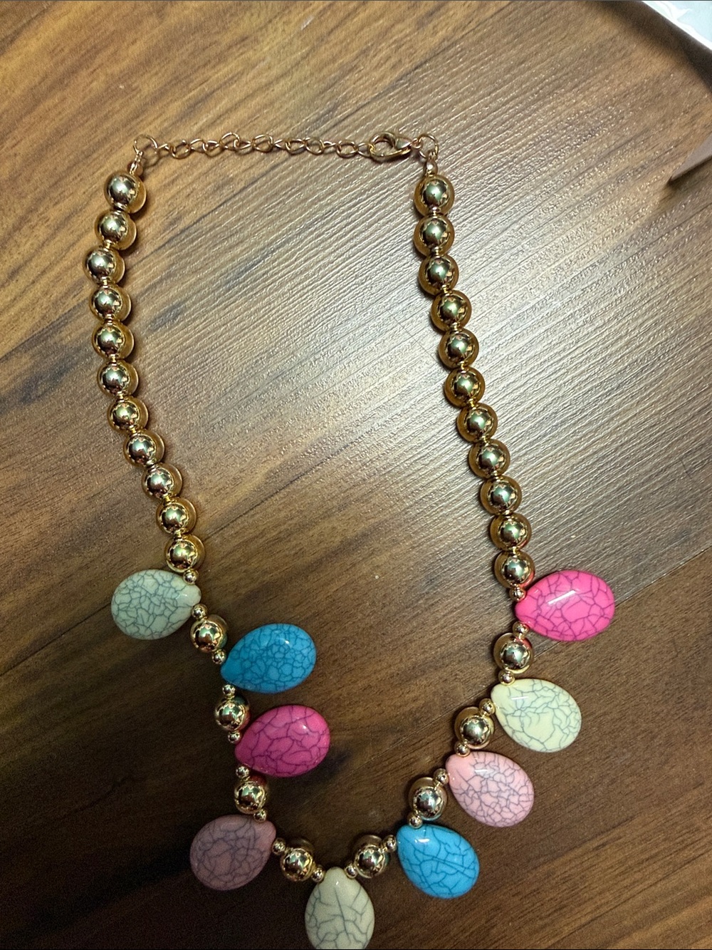 Gold Bead Necklace with Pink, Blue and Cream Stone Drops - Picture 3 of 3